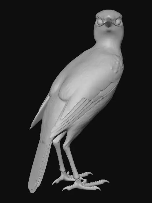 3D model for A highly detailed 3D model of a Woodpecker NPC, showcasing lustrous, iridescent black feathers with a subtle blue-green sheen, perfect for high-definition rendering. Its intelligent, obsidian-like eyes are sharply defined. The dark, hard beak exhibits finely sculpted texture, slightly worn at the tip. Scaled legs and sharp talons grip firmly, revealing intricate, rough skin details. The overall form is agile and poised, with each individual feather clearly delineated.