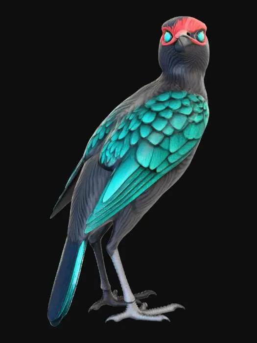3D model for A highly detailed 3D model of a Woodpecker NPC, showcasing lustrous, iridescent black feathers with a subtle blue-green sheen, perfect for high-definition rendering. Its intelligent, obsidian-like eyes are sharply defined. The dark, hard beak exhibits finely sculpted texture, slightly worn at the tip. Scaled legs and sharp talons grip firmly, revealing intricate, rough skin details. The overall form is agile and poised, with each individual feather clearly delineated.