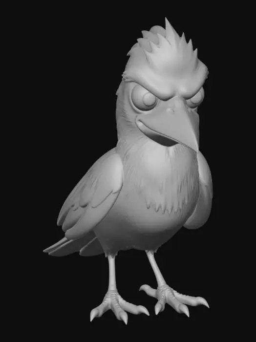 3D model for A highly detailed 3D model of a crow NPC, showcasing lustrous, iridescent black feathers with a subtle blue-green sheen, perfect for high-definition rendering. Its intelligent, obsidian-like eyes are sharply defined. The dark, hard beak exhibits finely sculpted texture, slightly worn at the tip. Scaled legs and sharp talons grip firmly, revealing intricate, rough skin details. The overall form is agile and poised, with each individual feather clearly delineated.