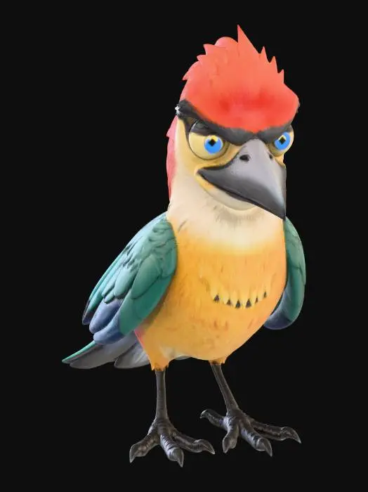 3D model for A highly detailed 3D model of a crow NPC, showcasing lustrous, iridescent black feathers with a subtle blue-green sheen, perfect for high-definition rendering. Its intelligent, obsidian-like eyes are sharply defined. The dark, hard beak exhibits finely sculpted texture, slightly worn at the tip. Scaled legs and sharp talons grip firmly, revealing intricate, rough skin details. The overall form is agile and poised, with each individual feather clearly delineated.