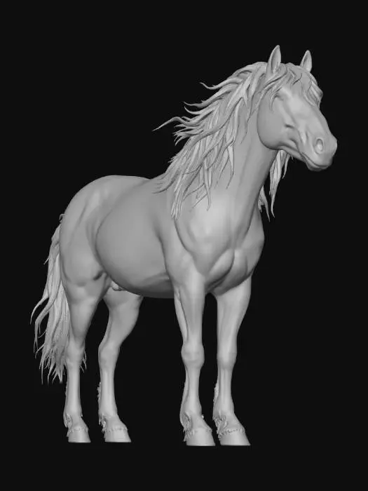 3D model for A robust, wild horse 3D model with a shaggy, sun-bleached brown coat, matted in places, revealing powerful musculature beneath. Its untamed mane and tail are long, thick, and windswept, a darker, earthy black. Strong, worn hooves show natural chips and texture. The horse's alert, intelligent eyes convey a wary wildness, and its coarse fur texture suggests a life lived in rugged fantasy wilderness.