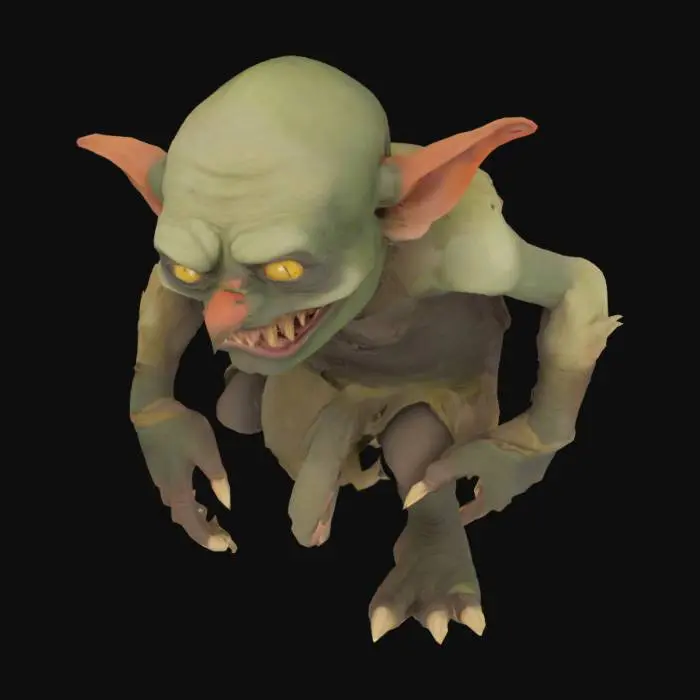 3D model for A small, squat goblin with leathery, greenish-grey skin and a hunched posture. Its head is disproportionately large, featuring a wide, toothy grin and beady yellow eyes. Rough, patched cloth scraps hang loosely from its emaciated frame, revealing sinewy limbs. Its fingers are long and tipped with blunt, dirty claws, and its ears are pointed and notched, suggesting a life of skirmishes.
