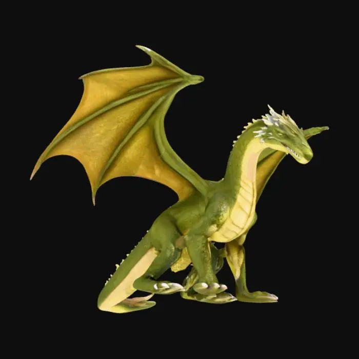 3D model for A formidable, lean dragon exhibiting the classic predatory appearance of a wyvern. Its powerful, two-legged body is covered in tough, desaturated olive-green scales with a subtly rough texture, transitioning to a lighter, dull beige on its underbelly. Large, leathery wings, serving as its primary forelimbs, stretch with taut, semi-translucent membranes, detailed with visible veins. A long, serpentine neck supports an angular, reptilian head featuring sharp snouts and small, piercing eyes. Its whip-like tail ends in a bony, pointed barb.