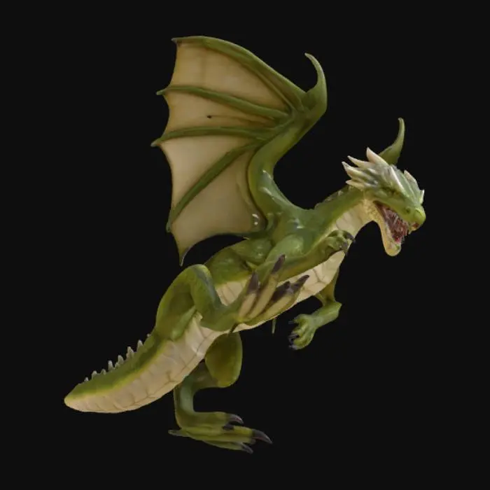 3D model for  formidable, lean wyvern-like dragon, posed in a neutral T-stance, ready for articulation. Its powerful, two-legged body is covered in tough, desaturated olive-green scales with a subtly rough texture, transitioning to a dull beige on its underbelly. Large, leathery wings, serving as its primary forelimbs, stretch with taut, semi-translucent membranes, detailed with visible veins, emphasizing a modular skeletal structure. A long, serpentine neck supports an angular, reptilian head with sharp snouts and piercing eyes. Its whip-like tail ends in a bony, pointed barb.