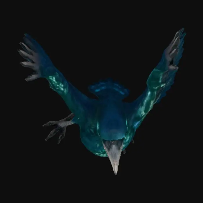 3D model for A highly detailed 3D model of a crow NPC Full-Body Base, showcasing lustrous, iridescent black feathers with a subtle blue-green sheen, perfect for high-definition rendering. Its intelligent, obsidian-like eyes are sharply defined. The dark, hard beak exhibits finely sculpted texture, slightly worn at the tip. Scaled legs and sharp talons grip firmly, revealing intricate, rough skin details. The overall form is agile and poised, with each individual feather clearly delineated.