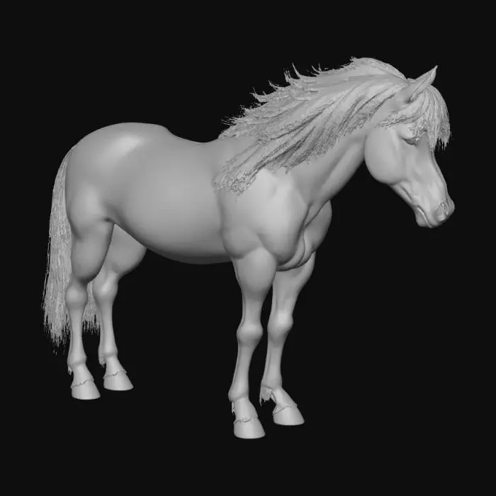 3D model for A robust, wild horse 3D model with a shaggy, sun-bleached brown coat, matted in places, revealing powerful musculature beneath. Its untamed mane and tail are long, thick, and windswept, a darker, earthy black. Strong, worn hooves show natural chips and texture. The horse's alert, intelligent eyes convey a wary wildness, and its coarse fur texture suggests a life lived in rugged fantasy wilderness.