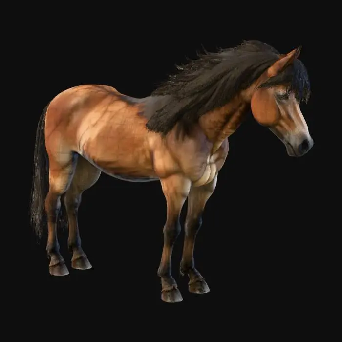 3D model for A robust, wild horse 3D model with a shaggy, sun-bleached brown coat, matted in places, revealing powerful musculature beneath. Its untamed mane and tail are long, thick, and windswept, a darker, earthy black. Strong, worn hooves show natural chips and texture. The horse's alert, intelligent eyes convey a wary wildness, and its coarse fur texture suggests a life lived in rugged fantasy wilderness.