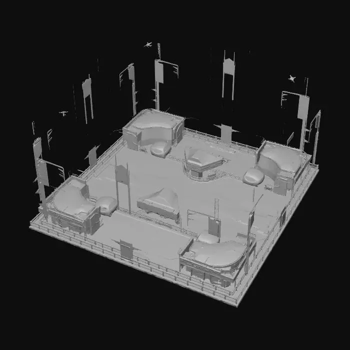 3D model for High-fidelity 3D game environment of a sprawling neo-cyberpunk city, cinematic HDR lighting with 10-bit color depth. Extreme geometric detail with modular sci-fi architecture, PBR materials featuring wet asphalt, brushed steel, and emissive neon glass. Volumetric fog and real-time ray-traced reflections in puddles. High dynamic range balance between deep shadows and blindingly bright holographic advertisements. Ultra-dense urban atmosphere with layered verticality, flying vehicles, and complex pipework. 8K textures, Nanite-level micro-poly detail, Lumen global illumination, sharp contrast, vibrant teal and magenta palette against dark obsidian structures. Clear specular highlights, bloom effects, and photorealistic lens flare.