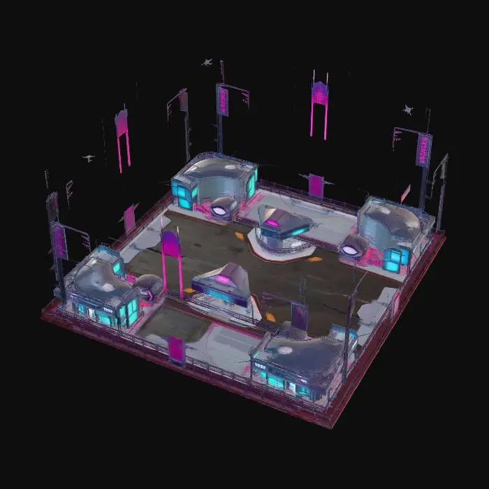 3D model for High-fidelity 3D game environment of a sprawling neo-cyberpunk city, cinematic HDR lighting with 10-bit color depth. Extreme geometric detail with modular sci-fi architecture, PBR materials featuring wet asphalt, brushed steel, and emissive neon glass. Volumetric fog and real-time ray-traced reflections in puddles. High dynamic range balance between deep shadows and blindingly bright holographic advertisements. Ultra-dense urban atmosphere with layered verticality, flying vehicles, and complex pipework. 8K textures, Nanite-level micro-poly detail, Lumen global illumination, sharp contrast, vibrant teal and magenta palette against dark obsidian structures. Clear specular highlights, bloom effects, and photorealistic lens flare.