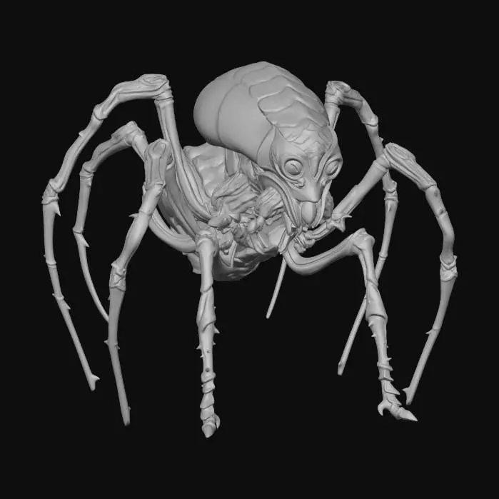 3D model for A terrifying 4-legged spider-like creature, low-poly but high-detail stylized game asset. It has a bloated chitinous thorax, sharp scythe-like legs, and multiple glowing red eyes on a dark insectoid head. Dark obsidian exoskeleton with glowing toxic green veins. Symmetrical anatomy, neutral T-pose or standing pose, optimized for game engine. High quality, 8k textures, fantasy RPG enemy style.