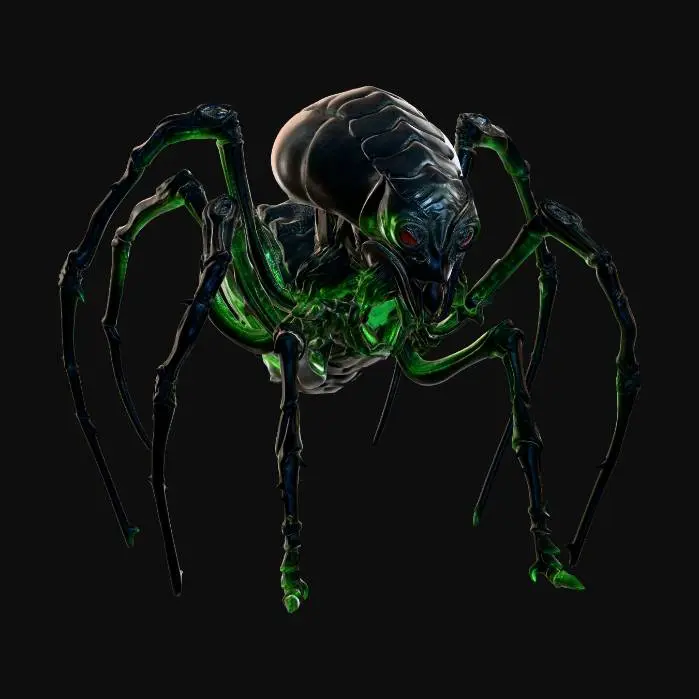 3D model for A terrifying 4-legged spider-like creature, low-poly but high-detail stylized game asset. It has a bloated chitinous thorax, sharp scythe-like legs, and multiple glowing red eyes on a dark insectoid head. Dark obsidian exoskeleton with glowing toxic green veins. Symmetrical anatomy, neutral T-pose or standing pose, optimized for game engine. High quality, 8k textures, fantasy RPG enemy style.
