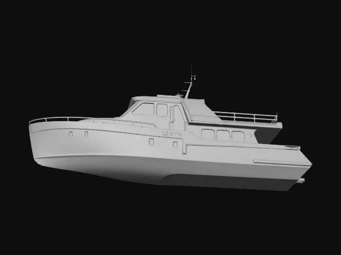 3D model for "Professional scale model kit of a classic Lobster-style motoryat, engineered for FDM 3D printing on Bambu Lab A1. Designed in two precise interlocking parts. Part 1: Main Hull. Deep-green, semi-displacement V-hull with a sharp bow and flat transom. Interior is completely hollowed out as a spacious bay for RC motor and electronics. Upper rim features a recessed ledge for the deck to sit flush. Part 2: Removable Deck and Cabin. White sleek structure with rounded windows and a flat roof carrying radar equipment. The underside has a precise lip to interlock securely with the hull. Minimal overhangs, no thin railings, manifold geometry, and consistent wall thickness (2mm) throughout. Clean aesthetic with ultra-smooth surfaces to minimize layer visible lines. High detail, watertight mesh."