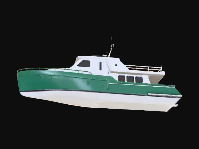 3D model for "Professional scale model kit of a classic Lobster-style motoryat, engineered for FDM 3D printing on Bambu Lab A1. Designed in two precise interlocking parts. Part 1: Main Hull. Deep-green, semi-displacement V-hull with a sharp bow and flat transom. Interior is completely hollowed out as a spacious bay for RC motor and electronics. Upper rim features a recessed ledge for the deck to sit flush. Part 2: Removable Deck and Cabin. White sleek structure with rounded windows and a flat roof carrying radar equipment. The underside has a precise lip to interlock securely with the hull. Minimal overhangs, no thin railings, manifold geometry, and consistent wall thickness (2mm) throughout. Clean aesthetic with ultra-smooth surfaces to minimize layer visible lines. High detail, watertight mesh."