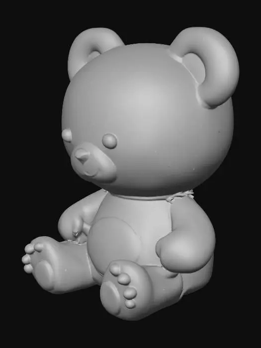 3D model for A small, adorable teddy bear sitting with legs apart, creating a space in the middle. Minimalist pop-art style, smooth textures, no tiny fragile parts, optimized for FDM 3D printing, 3D character design.