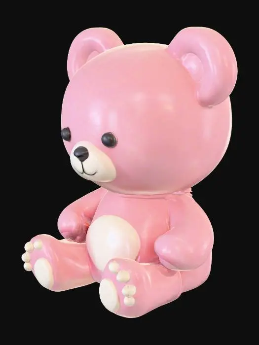 3D model for A small, adorable teddy bear sitting with legs apart, creating a space in the middle. Minimalist pop-art style, smooth textures, no tiny fragile parts, optimized for FDM 3D printing, 3D character design.