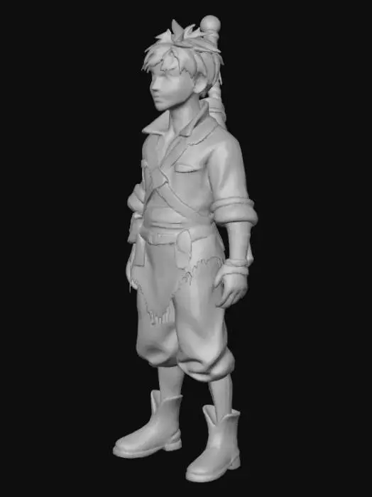 3D model for A stylized 3D model of Eka, a young heroic male from a rural village. He has medium brown skin, short tousled black hair, and a determined look in his eyes. His outfit includes a rugged warrior's tunic with earthy tones (brown, beige, and olive), a leather belt with a pouch, and simple boots. He carries a wooden staff or a simple sword strapped on his back. His physique is lean but strong, reflecting his humble background and strength. Style should be semi-realistic or hand-painted.