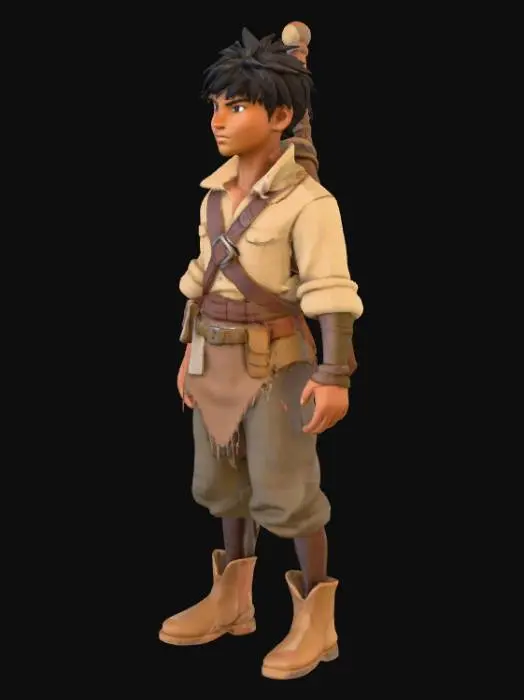 3D model for A stylized 3D model of Eka, a young heroic male from a rural village. He has medium brown skin, short tousled black hair, and a determined look in his eyes. His outfit includes a rugged warrior's tunic with earthy tones (brown, beige, and olive), a leather belt with a pouch, and simple boots. He carries a wooden staff or a simple sword strapped on his back. His physique is lean but strong, reflecting his humble background and strength. Style should be semi-realistic or hand-painted.