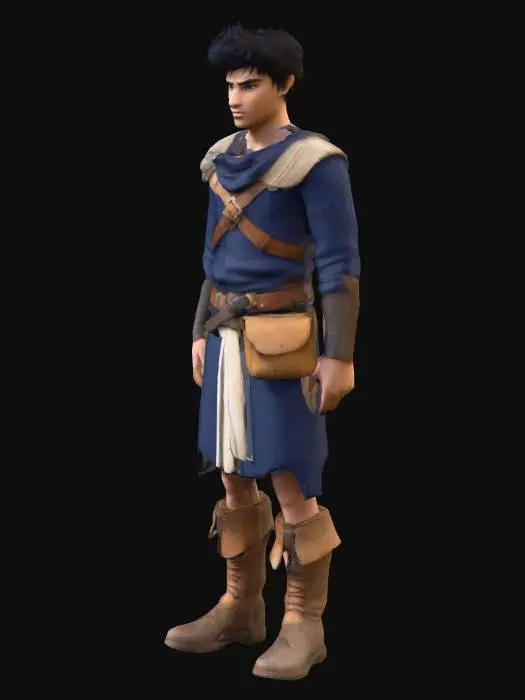 3D model for A stylized 3D model of Eka, a young heroic male from a rural village. He has medium fair skin, short tousled black hair, and a determined look in his eyes. His outfit includes a rugged warrior's tunic with lively tones (Deep navy blue, subtle gold, light brown), a leather belt with a pouch, and simple boots. His physique is lean but strong, reflecting his humble background and strength. Style should be semi-realistic or hand-painted.
