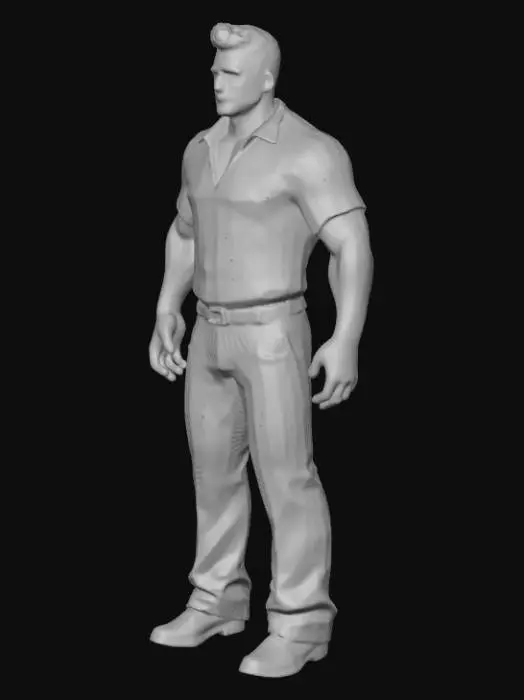 3D model for Photorealistic 1980s Miami gangster character, full body T-pose. Male, athletic muscular build, age 35-40. Slicked-back dark brown hair, sharp angular facial features, stern expression, light stubble. Wearing iconic teal/turquoise Hawaiian shirt with pink flamingo and palm tree pattern, open collar, short sleeves. Dark navy blue jeans with brown leather belt. White/cream sneakers. Caucasian skin tone with slight tan. Clean topology, game-ready mesh. Arms extended horizontally 180 degrees, legs straight together, neutral standing pose. High polygon count for facial details, properly UV mapped. Retro 80s fashion aesthetic, Vice City inspired. Realistic fabric textures, detailed clothing wrinkles and folds. Professional 3D character model quality, AAA game standard. PBR textures ready.