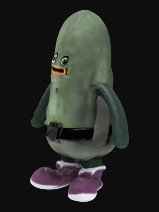 3D model for Silly Pickle Plushie with a smiley face, wearing a skull belt and purple sneakers