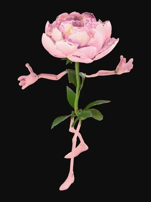 3D model for standalone blush peony flower, like a gaming character with two legs , the flower as a head with chaacter and personality, and in red, blue and green color