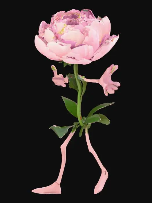 3D model for standalone blush peony flower, like a gaming character with two legs , the flower as a head with chaacter and personality, and in red, blue and green color