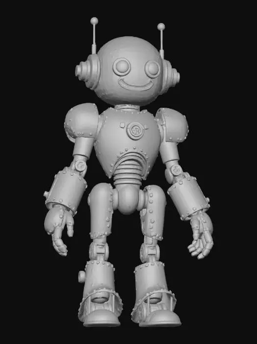 3D model for A cute patchwork mechanical robot warrior, steampunk style, made of brass and rusty metal plates held together by rivets. Round friendly design with mismatched mechanical limbs. Glowing furnace heart visible through chest compartment. T-pose, game character, low poly, single object on white background.