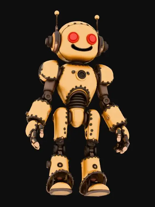3D model for A cute patchwork mechanical robot warrior, steampunk style, made of brass and rusty metal plates held together by rivets. Round friendly design with mismatched mechanical limbs. Glowing furnace heart visible through chest compartment. T-pose, game character, low poly, single object on white background.