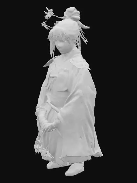 3D model for A highly detailed, ultra-realistic portrait of a fierce female samurai from Sengoku-era Japan, wearing worn, bloodstained armor and a dark kimono, messy tied-up hair, serious and battle-hardened expression, cinematic dark lighting, misty battlefield background, falling cherry blossoms, in the gritty dark fantasy style of Sekiro: Shadows Die Twice.