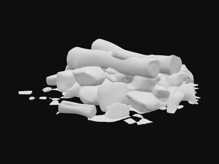 3D model for A rustic campfire built with a circle of uneven, soot-darkened stones, holding a pile of charred logs and glowing embers. Flickering flames rise upward, casting warm orange and yellow light, while thin trails of smoke drift into the night sky. Scattered ashes and partially burnt wood pieces rest around the fire, adding to its rugged, natural atmosphere.