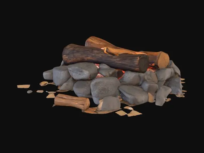 3D model for A rustic campfire built with a circle of uneven, soot-darkened stones, holding a pile of charred logs and glowing embers. Flickering flames rise upward, casting warm orange and yellow light, while thin trails of smoke drift into the night sky. Scattered ashes and partially burnt wood pieces rest around the fire, adding to its rugged, natural atmosphere.