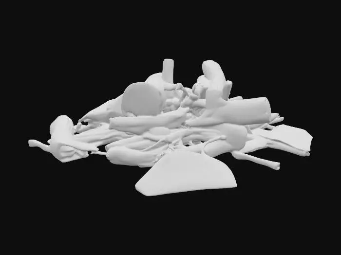 3D model for A rustic campfire built with a circle of uneven, soot-darkened stones, holding a pile of charred logs and glowing embers. Flickering flames rise upward, casting warm orange and yellow light, while thin trails of smoke drift into the night sky. Scattered ashes and partially burnt wood pieces rest around the fire, adding to its rugged, natural atmosphere.