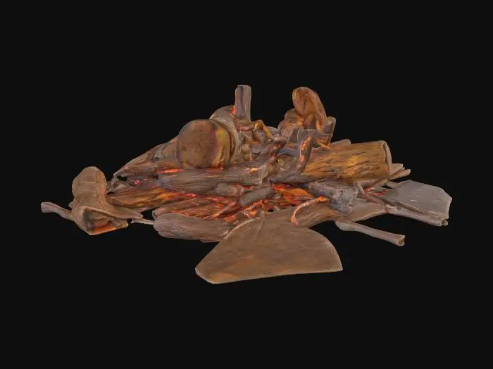3D model for A rustic campfire built with a circle of uneven, soot-darkened stones, holding a pile of charred logs and glowing embers. Flickering flames rise upward, casting warm orange and yellow light, while thin trails of smoke drift into the night sky. Scattered ashes and partially burnt wood pieces rest around the fire, adding to its rugged, natural atmosphere.