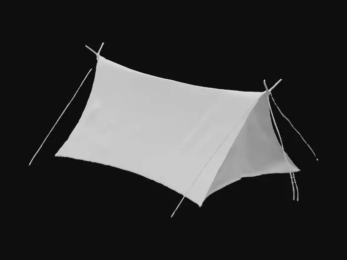 3D model for A camping tent set up in the middle of a dense forest, made from durable, weather-resistant fabric in earthy tones. The tent has a triangular shape with sturdy support poles and tightly secured ropes. Surrounding it are tall, moss-covered trees, thick undergrowth, and scattered fallen leaves on the forest floor. A faint glow of warm light seeps from inside the tent, hinting at a cozy shelter amid the wilderness.