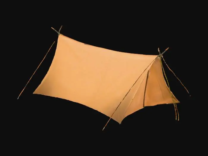 3D model for A camping tent set up in the middle of a dense forest, made from durable, weather-resistant fabric in earthy tones. The tent has a triangular shape with sturdy support poles and tightly secured ropes. Surrounding it are tall, moss-covered trees, thick undergrowth, and scattered fallen leaves on the forest floor. A faint glow of warm light seeps from inside the tent, hinting at a cozy shelter amid the wilderness.