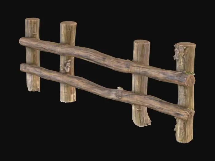 3D model for A simple wooden fence in the forest, made of straight rough logs placed upright and connected with horizontal beams. The surface is slightly weathered, with a few cracks and natural texture. It stands quietly among trees and bushes, blending naturally with the forest floor covered in leaves.
