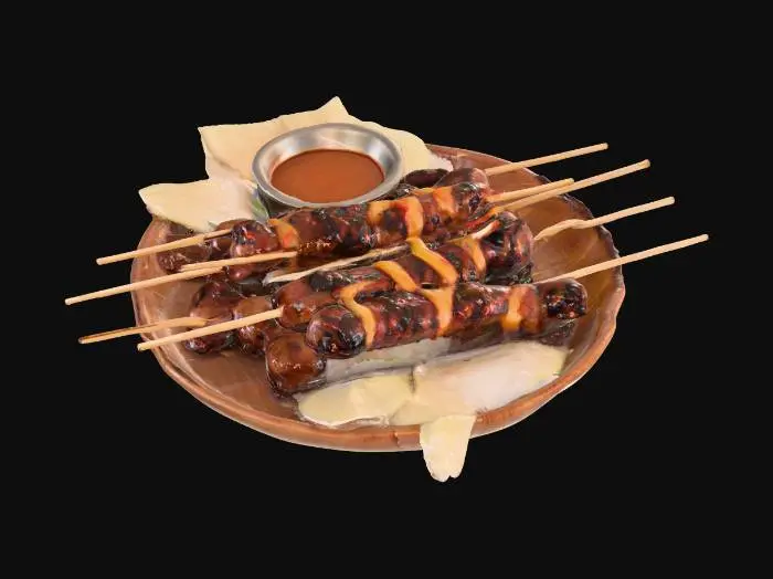 3D model for A set of skewered grilled meat sticks arranged neatly on a small wooden plate. The meat is slightly charred with juicy texture, drizzled with thick peanut sauce. A small bowl of sambal chili paste and slices of rice cake (lontong) sit beside the skewers., #food#