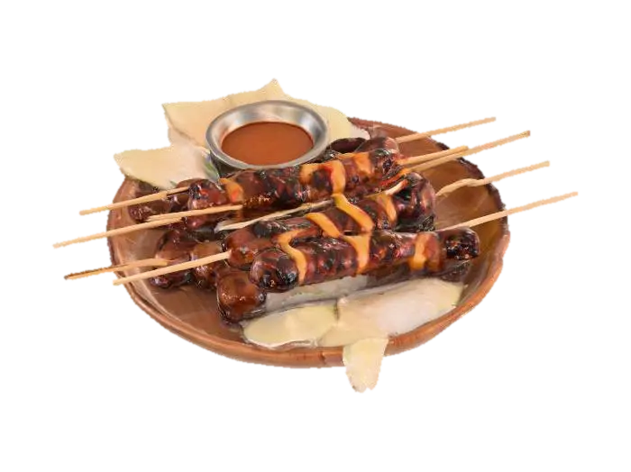 A set of skewered grilled meat sticks arranged neatly on a small wooden plate. The… - Rice 3D model, vytvořený pomocí AI