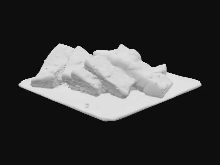 3D model for A plate of golden-brown fried tempeh slices stacked neatly. The surface shows crispy textures with soy sauce glaze. Some pieces are cooked with chili and sweet soy sauce, creating a glossy caramelized coating., #food#