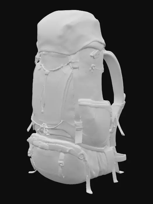 3D model for A large hiking backpack with a sturdy frame, made of thick, water-resistant dark green nylon fabric. It features multiple compartments with heavy-duty zippers, mesh side pockets on the left and right for water bottles, and a wide padded hip belt for comfort. On the top, there are straps for securing a sleeping bag or mat, while the front is equipped with elastic cords for attaching extra gear. The zippers and matte black plastic buckles emphasize its durable and functional design., #PBR#