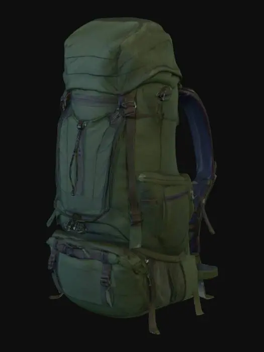 3D model for A large hiking backpack with a sturdy frame, made of thick, water-resistant dark green nylon fabric. It features multiple compartments with heavy-duty zippers, mesh side pockets on the left and right for water bottles, and a wide padded hip belt for comfort. On the top, there are straps for securing a sleeping bag or mat, while the front is equipped with elastic cords for attaching extra gear. The zippers and matte black plastic buckles emphasize its durable and functional design., #PBR#