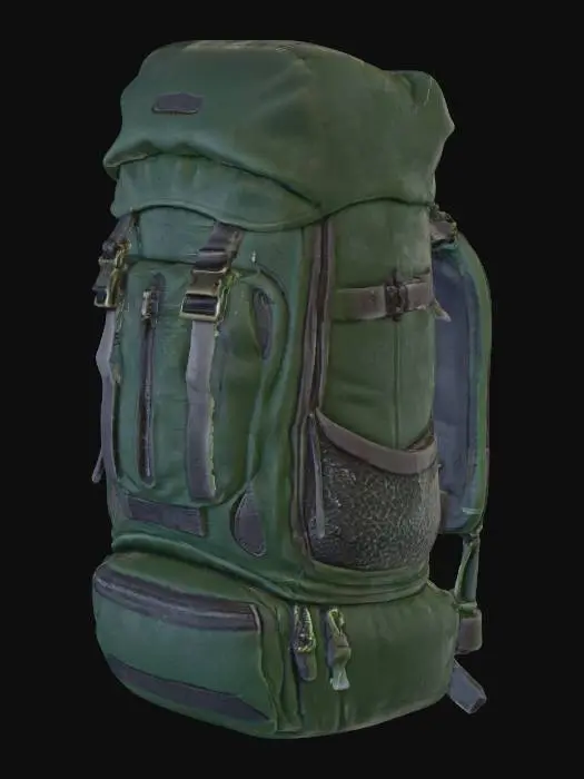 3D model for A large cartoon-style hiking backpack with an exaggerated sturdy frame, made of smooth, water-resistant dark green fabric. The shapes are rounded and simplified, with oversized zippers, chunky matte black buckles, and bright-colored stitching. The mesh side pockets are illustrated with clear patterns, and the wide padded hip belt is drawn with playful curves. On top, bold straps secure a rolled-up sleeping bag, while the front features bouncy elastic cords holding extra gear. The overall look is cheerful, simplified, and stylized for a cartoon aesthetic.