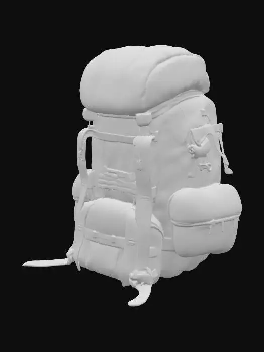 3D model for A large cartoon-style hiking backpack with an exaggerated sturdy frame, made of smooth, water-resistant dark green fabric. The shapes are rounded and simplified, with oversized zippers, chunky matte black buckles, and bright-colored stitching. The mesh side pockets are illustrated with clear patterns, and the wide padded hip belt is drawn with playful curves. On top, bold straps secure a rolled-up sleeping bag, while the front features bouncy elastic cords holding extra gear. The overall look is cheerful, simplified, and stylized for a cartoon aesthetic.