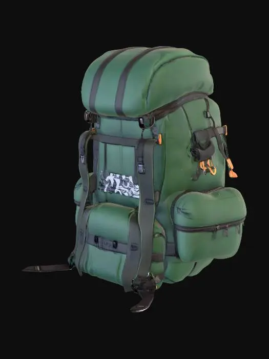 3D model for A large cartoon-style hiking backpack with an exaggerated sturdy frame, made of smooth, water-resistant dark green fabric. The shapes are rounded and simplified, with oversized zippers, chunky matte black buckles, and bright-colored stitching. The mesh side pockets are illustrated with clear patterns, and the wide padded hip belt is drawn with playful curves. On top, bold straps secure a rolled-up sleeping bag, while the front features bouncy elastic cords holding extra gear. The overall look is cheerful, simplified, and stylized for a cartoon aesthetic.