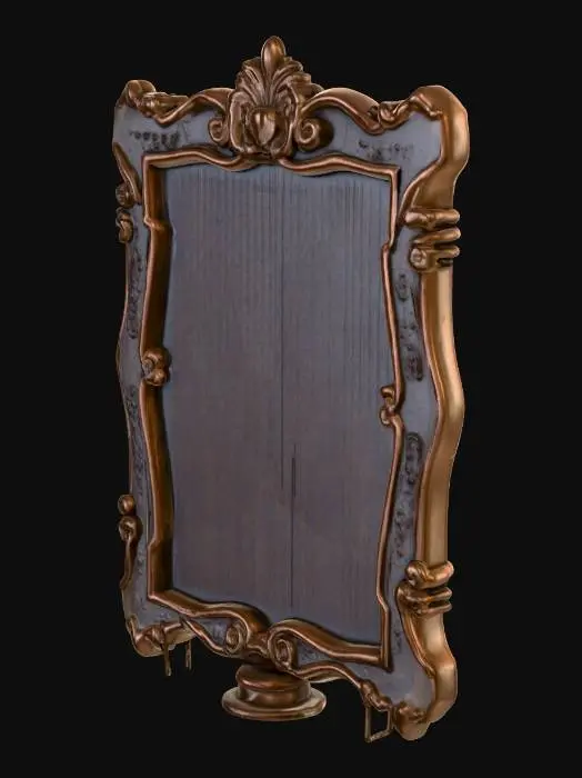 3D model for A massive leaderboard board standing in the middle of a forest clearing, built from sturdy dark wood and reinforced with thick iron frames. The board surface is wide and divided into neat rows and columns, clearly displaying the Top Leaderboard with engraved names, ranks, and scores painted in bold black lettering. The edges of the board are decorated with simple carved patterns to give it character, while the wooden posts are firmly planted into the ground with moss and small plants growing around the base. Sunlight filters through the tall trees, casting natural shadows across the leaderboard, giving it a grounded and realistic look.