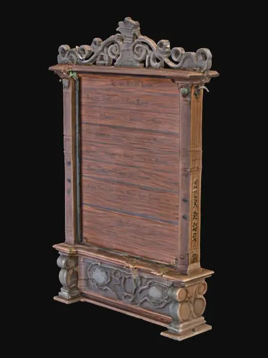 3D model for A massive leaderboard board standing in the middle of a forest clearing, built from sturdy dark wood and reinforced with thick iron frames. The board surface is wide and divided into neat rows and columns, clearly displaying the Top Leaderboard with engraved names, ranks, and scores painted in bold black lettering. The edges of the board are decorated with simple carved patterns to give it character, while the wooden posts are firmly planted into the ground with moss and small plants growing around the base. Sunlight filters through the tall trees, casting natural shadows across the leaderboard, giving it a grounded and realistic look.