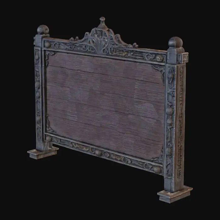 3D model for A massive leaderboard board standing in the middle of a forest clearing, built from sturdy dark wood and reinforced with thick iron frames. The board surface is wide and divided into neat rows and columns, clearly displaying the Top Leaderboard with engraved names, ranks, and scores painted in bold black lettering. The edges of the board are decorated with simple carved patterns to give it character, while the wooden posts are firmly planted into the ground with moss and small plants growing around the base. Sunlight filters through the tall trees, casting natural shadows across the leaderboard, giving it a grounded and realistic look.