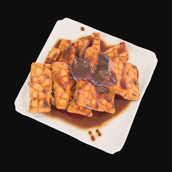3D model for A plate of golden-brown fried tempeh slices stacked neatly. The surface shows crispy textures with soy sauce glaze. Some pieces are cooked with chili and sweet soy sauce, creating a glossy caramelized coating., #food#