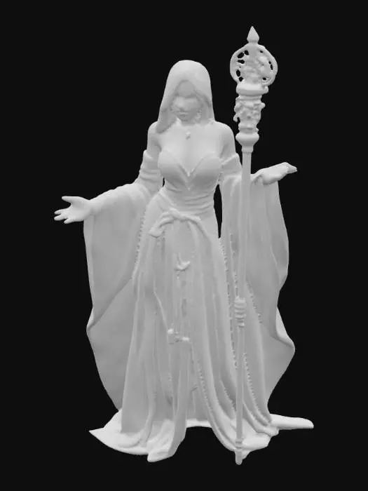 3D model for Seksi bir kadın büyücü oyun karakteri görüntülemeni istiyorum. Çok iri göğüsler olmasın, ince belli orta göğüslü ve kaslı kalçası olan güzel bir kadın çizmeni istiyorum. Bacaklarında siyah file çorap olsun ancak hasar almış gibi gözüksün. Omuzlarına kadar bir pelerini olsun ve pelerinin alt kısımları yırtılmış gibi gözüksün. Saçları dağınık olsun ama bir kısmı toplanmış olarak kalsın. Çok kısa bir etek giysin kalçası belli olsun. Göbeği açık olsun ve üstünde hafif yırtılmış bir sütyen olsun. Yüzünün de güzel olduğuna emin ol.