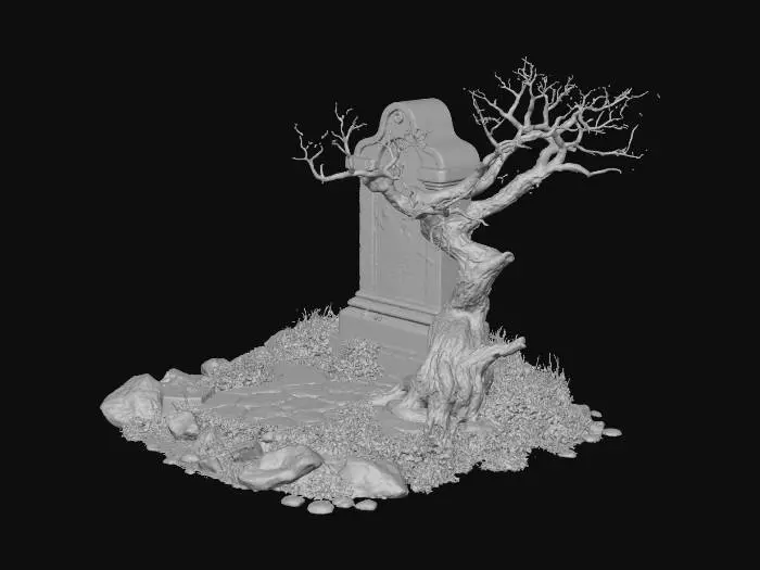3D model for Une tombe de cimetière ancienne, en pierre grise patinée, avec de profondes fissures et des fragments manquants. Des mousses verdâtres et de la terre y adhèrent. Autour, de hautes herbes sèches et quelques fleurs violacées aux pétales fanés. Un fragment de tronc d'arbre mort, décharné et noirci, émerge du sol rocailleux, ses branches tordues.